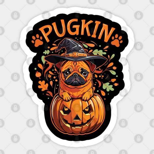 Pugkin Pumpkin Pug Halloween & Thanksgiving Design Sticker by Graphic Duster